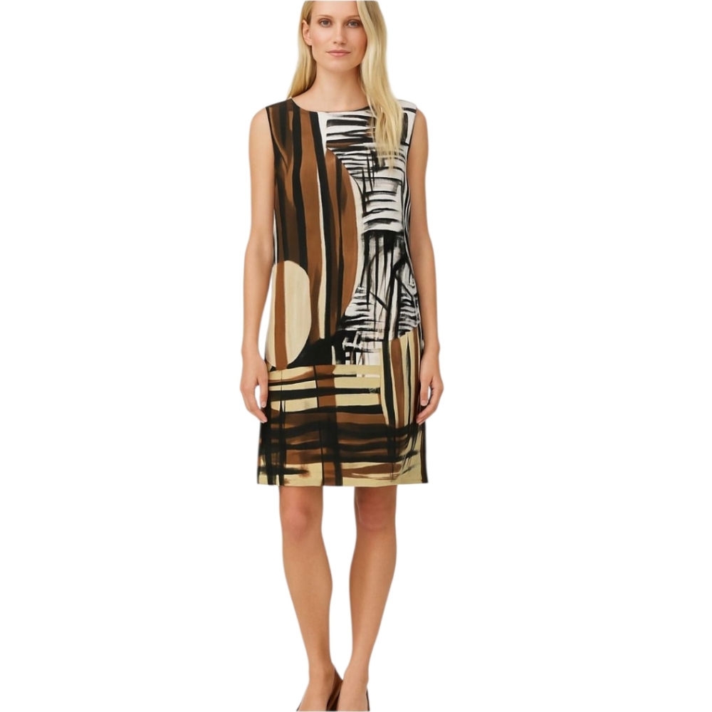 Dana Buchman Shift Dress Black and Brown Safari Abstract, Size 4. NWT